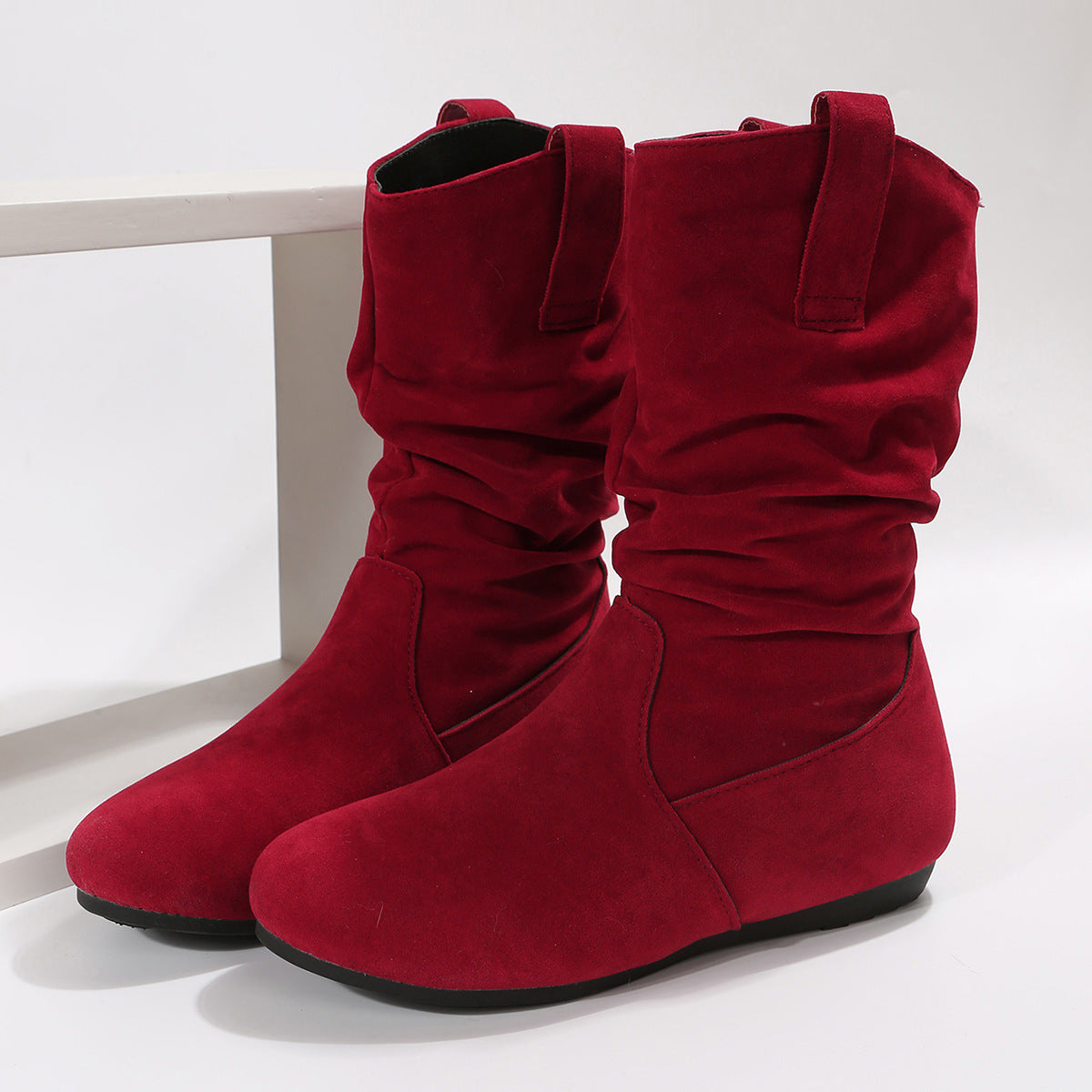 Solid Color Suede Mid-Calf Boots with Round Toes and Flat Soles