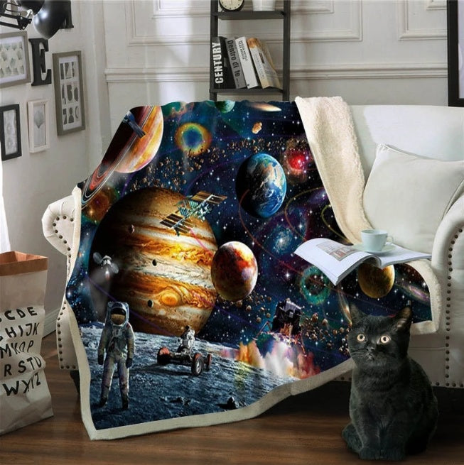 Outer Space Zodiac Astronaut Sherpa Fleece Blanket - Galaxy Starry, Sky Stars