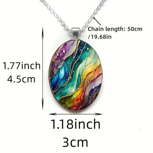 Retro-inspired Dreamy Ripple-pattern Oval Glass Pendant Necklace