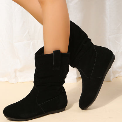Solid Color Suede Mid-Calf Boots with Round Toes and Flat Soles
