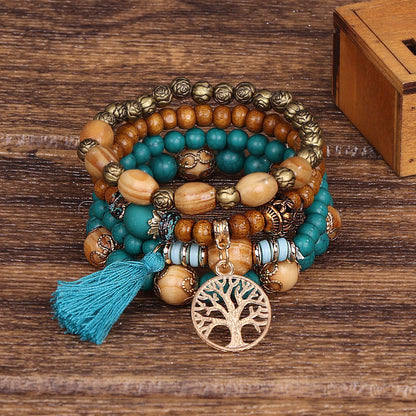 Boho Multilayer Stretch Bracelet with Tree of Life Pendant