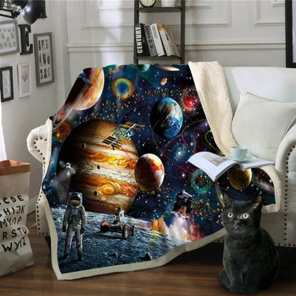 Outer Space Zodiac Astronaut Sherpa Fleece Blanket - Galaxy Starry, Sky Stars