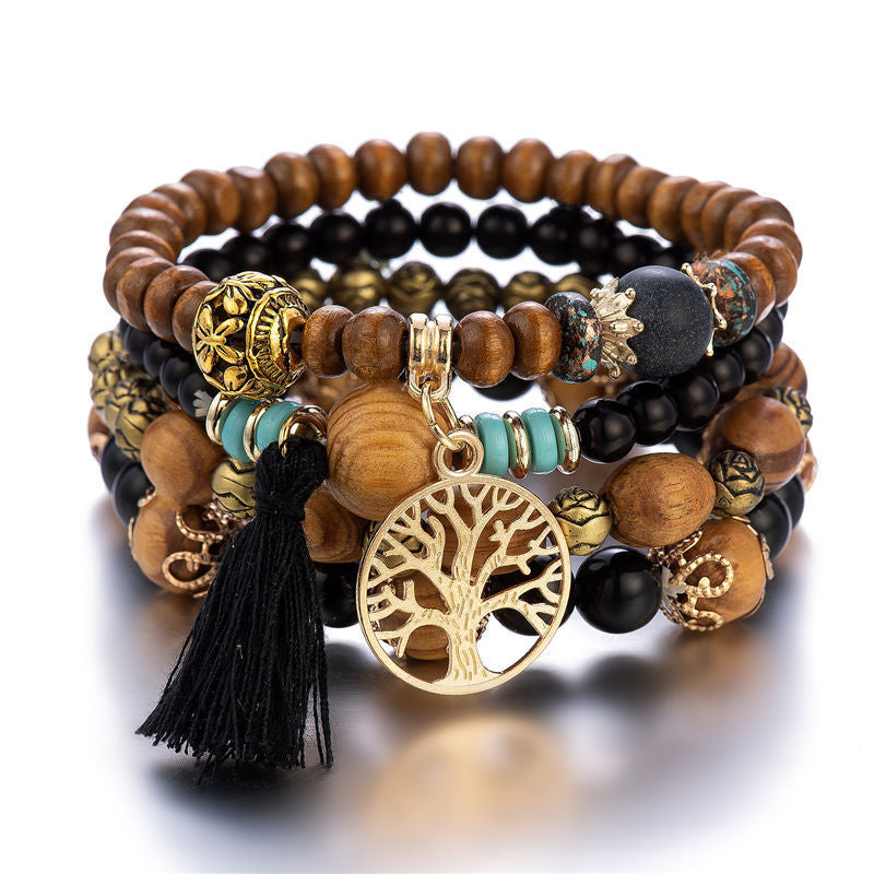 Boho Multilayer Stretch Bracelet with Tree of Life Pendant