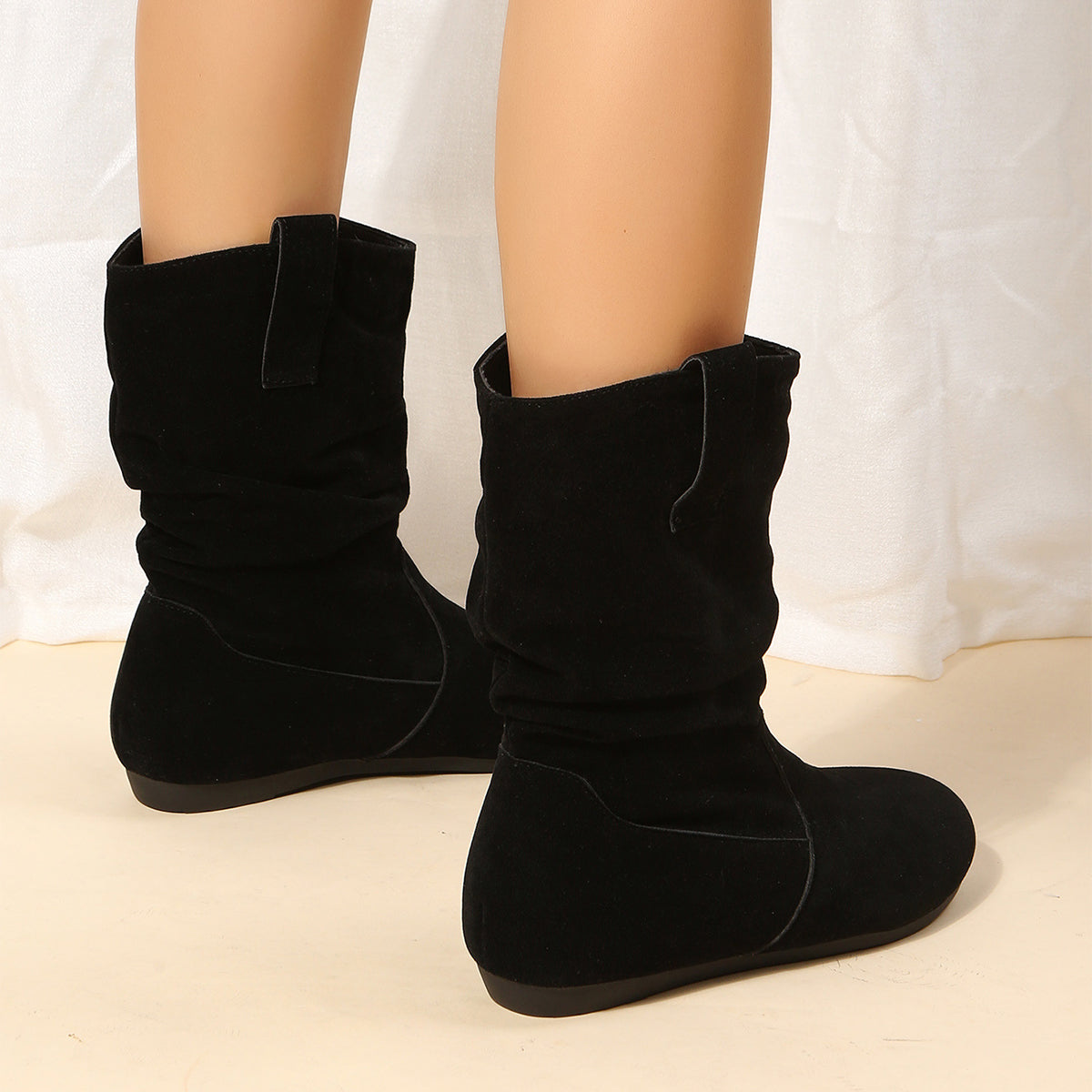 Solid Color Suede Mid-Calf Boots with Round Toes and Flat Soles