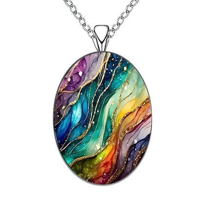 Retro-inspired Dreamy Ripple-pattern Oval Glass Pendant Necklace