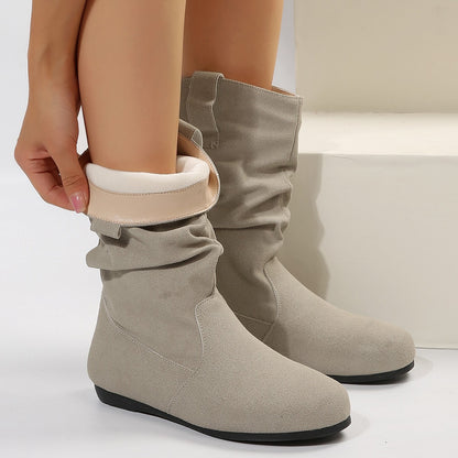 Solid Color Suede Mid-Calf Boots with Round Toes and Flat Soles