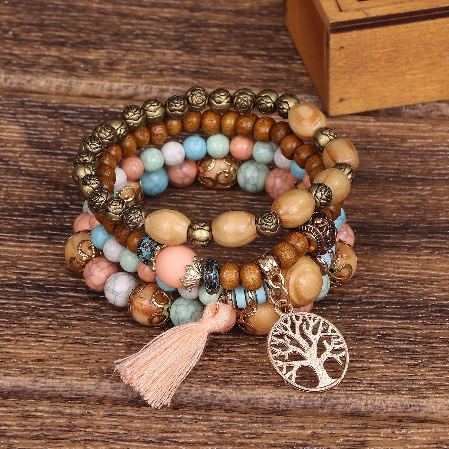 Boho Multilayer Stretch Bracelet with Tree of Life Pendant