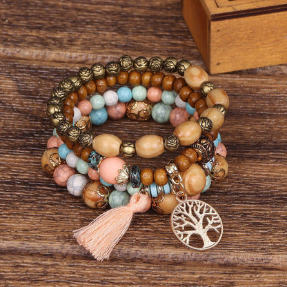 Boho Multilayer Stretch Bracelet with Tree of Life Pendant