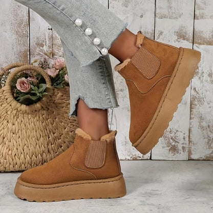 Warm Plush Ankle Boots for Women with Thick Soles and a Round Toe