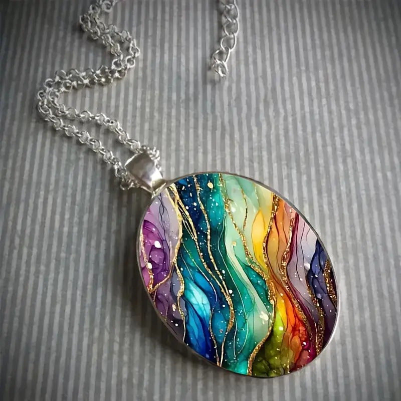 Retro-inspired Dreamy Ripple-pattern Oval Glass Pendant Necklace