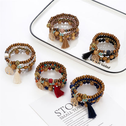 Boho Multilayer Stretch Bracelet with Tree of Life Pendant