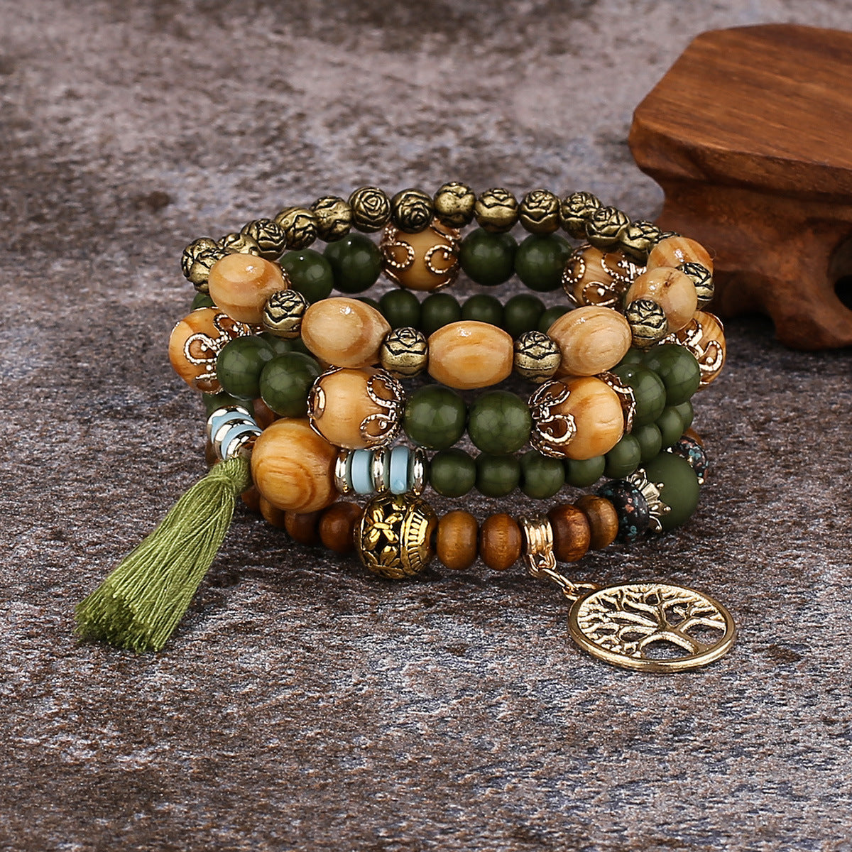 Boho Multilayer Stretch Bracelet with Tree of Life Pendant
