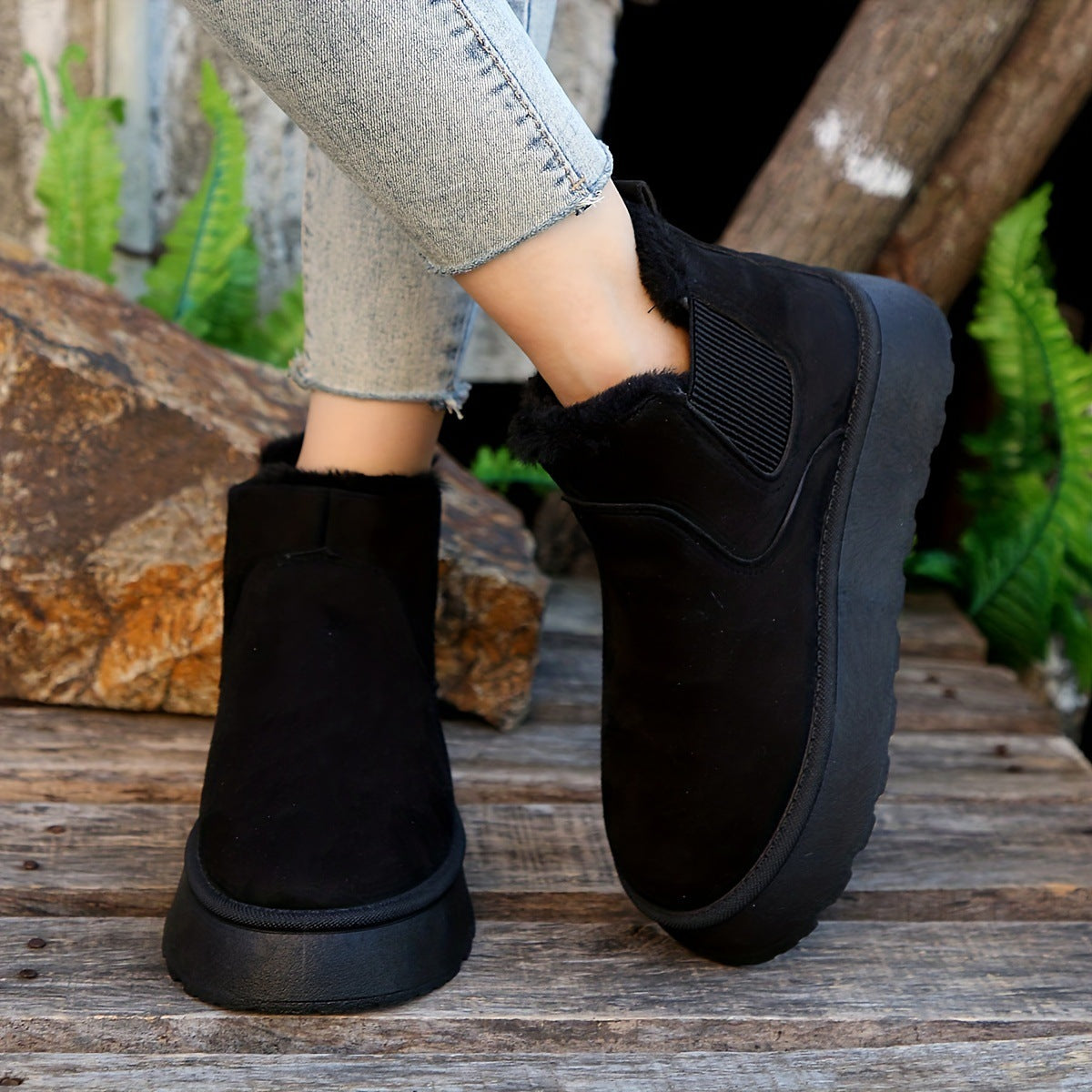 Warm Plush Ankle Boots for Women with Thick Soles and a Round Toe