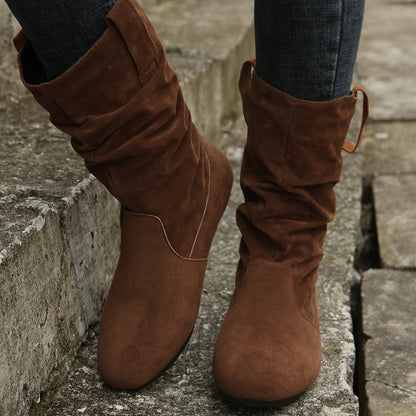 Solid Color Suede Mid-Calf Boots with Round Toes and Flat Soles