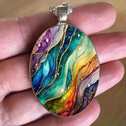 Retro-inspired Dreamy Ripple-pattern Oval Glass Pendant Necklace