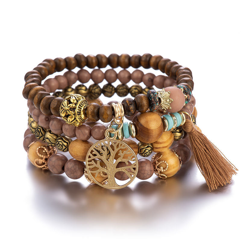 Boho Multilayer Stretch Bracelet with Tree of Life Pendant
