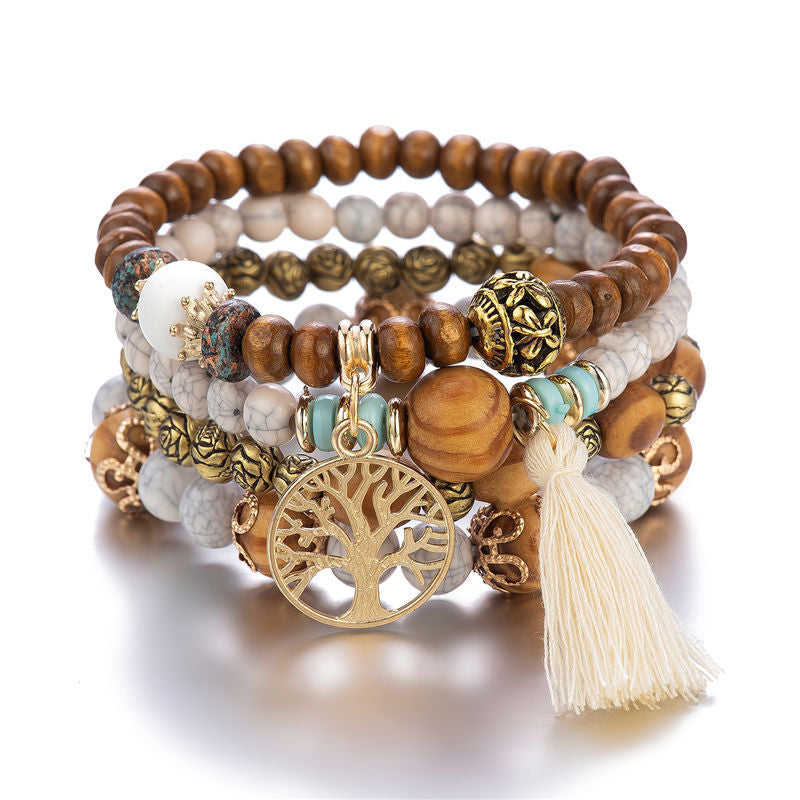 Boho Multilayer Stretch Bracelet with Tree of Life Pendant