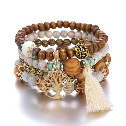 Boho Multilayer Stretch Bracelet with Tree of Life Pendant
