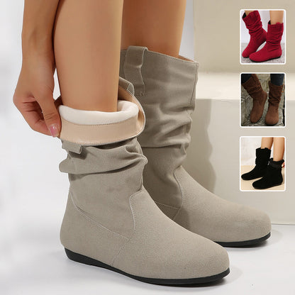 Solid Color Suede Mid-Calf Boots with Round Toes and Flat Soles