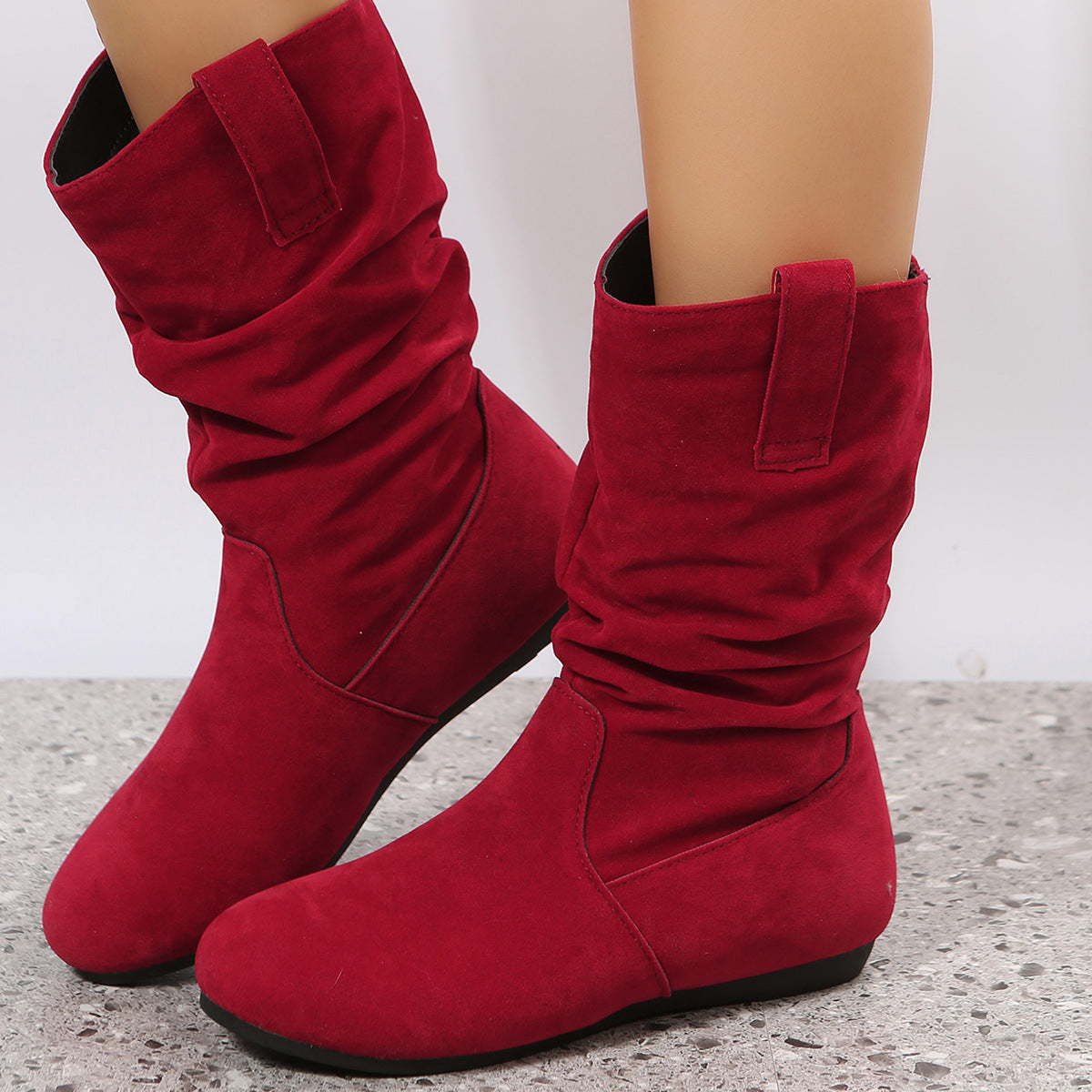 Solid Color Suede Mid-Calf Boots with Round Toes and Flat Soles