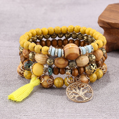 Boho Multilayer Stretch Bracelet with Tree of Life Pendant