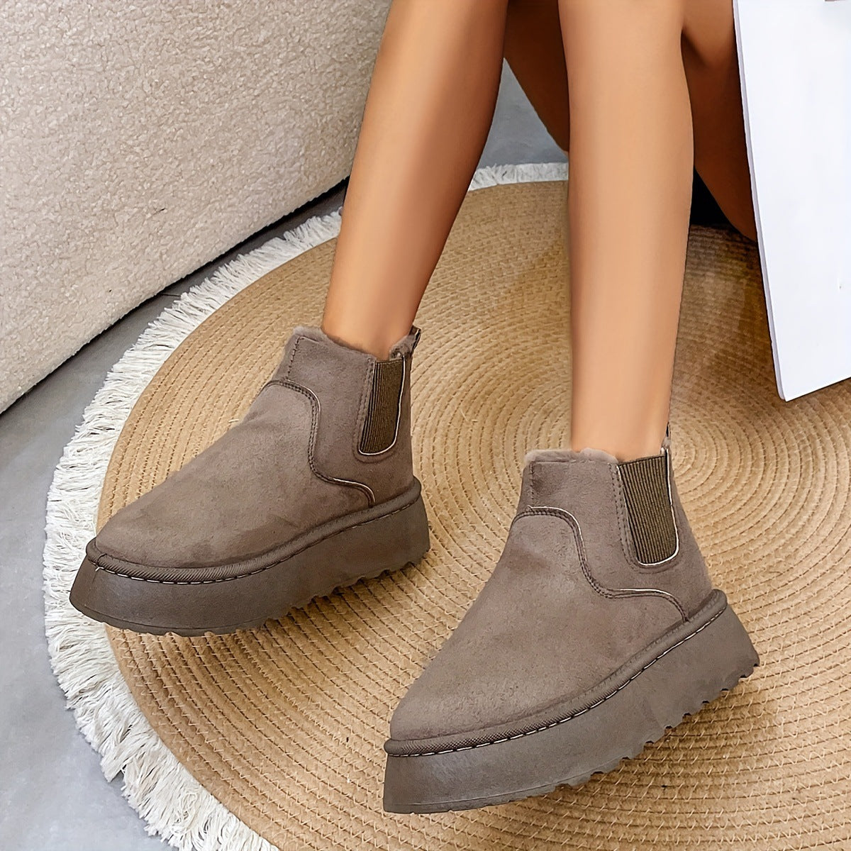 Warm Plush Ankle Boots for Women with Thick Soles and a Round Toe